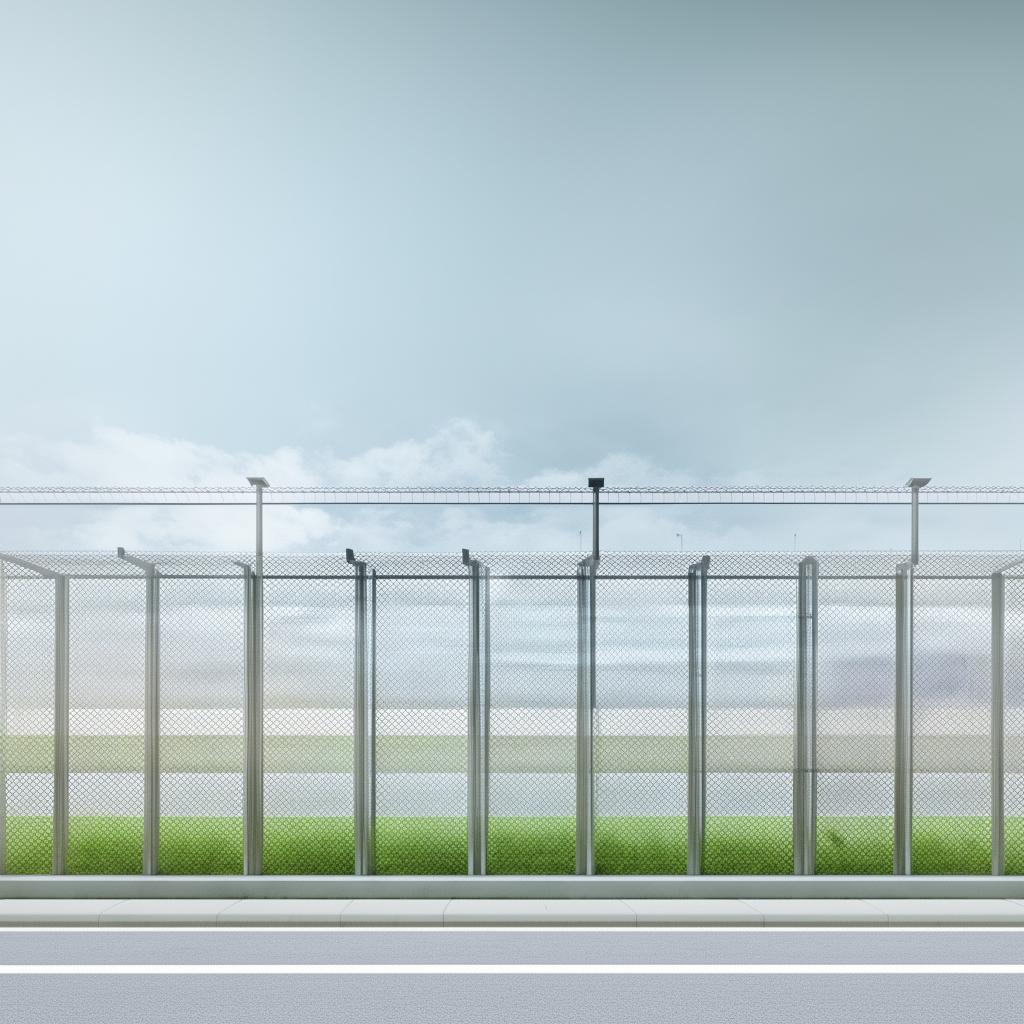 front view of gauze perimeter fence by paved road of futuristic maximum-security penitentiary with cameras in broad daylight based on https://files.dreamhome.software/files/static/37174