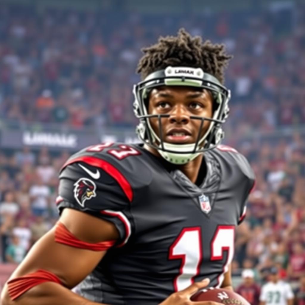 A dynamic portrait of Lamar Jackson, the renowned NFL quarterback, in an intense game moment
