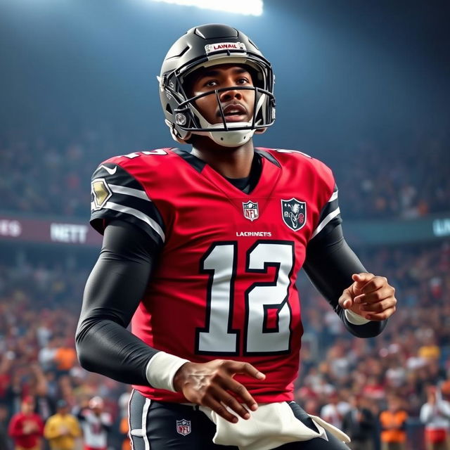 A dynamic portrait of Lamar Jackson, the renowned NFL quarterback, in an intense game moment