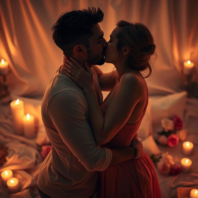 A passionate couple embracing in a romantic setting, surrounded by soft candlelight