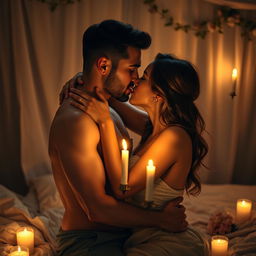 A passionate couple embracing in a romantic setting, surrounded by soft candlelight