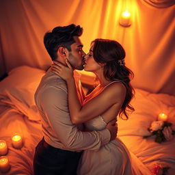 A passionate couple embracing in a romantic setting, surrounded by soft candlelight