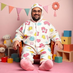 A humorous scene featuring an adult man dressed in oversized baby clothes, like a colorful onesie with cartoon patterns, wearing a matching bonnet and booties