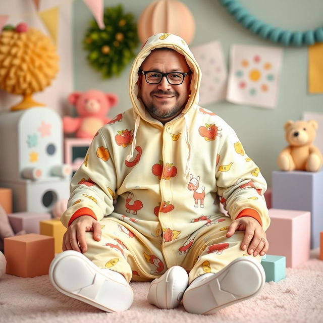 A humorous scene featuring an adult man dressed in oversized baby clothes, like a colorful onesie with cartoon patterns, wearing a matching bonnet and booties