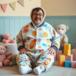 A humorous scene featuring an adult man dressed in oversized baby clothes, like a colorful onesie with cartoon patterns, wearing a matching bonnet and booties
