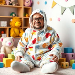 A humorous scene featuring an adult man dressed in oversized baby clothes, like a colorful onesie with cartoon patterns, wearing a matching bonnet and booties