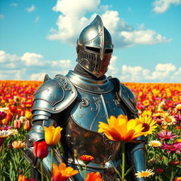 A majestic knight in shining armor stands confidently among vibrant, colorful fields of flowers