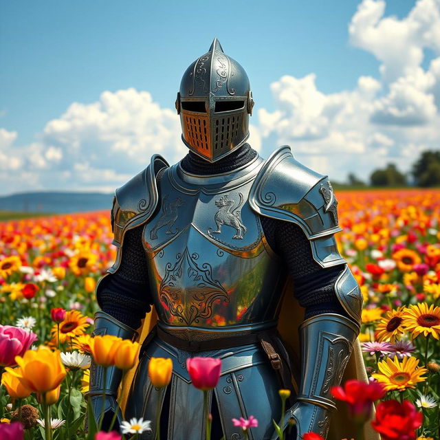 A majestic knight in shining armor stands confidently among vibrant, colorful fields of flowers