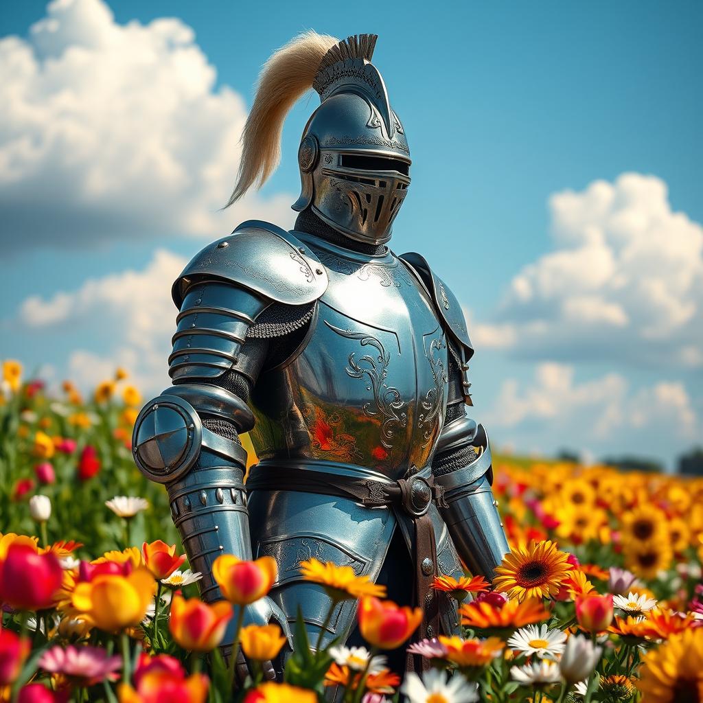 A majestic knight in shining armor stands confidently among vibrant, colorful fields of flowers