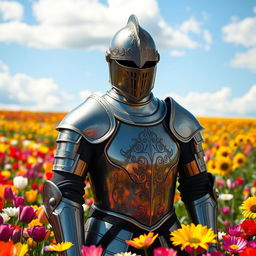 A majestic knight in shining armor stands confidently among vibrant, colorful fields of flowers