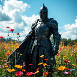 A majestic Black Knight in shining, intricate armor standing confidently among a vibrant field of colorful wildflowers