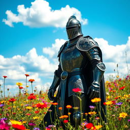 A majestic Black Knight in shining, intricate armor standing confidently among a vibrant field of colorful wildflowers