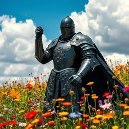 A majestic Black Knight in shining, intricate armor standing confidently among a vibrant field of colorful wildflowers