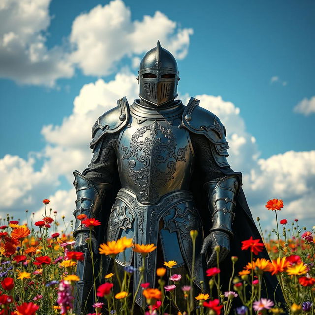 A majestic Black Knight in shining, intricate armor standing confidently among a vibrant field of colorful wildflowers