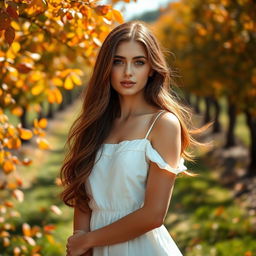 A serene portrait of a beautiful young woman with flowing chestnut hair, wearing an elegant white sundress