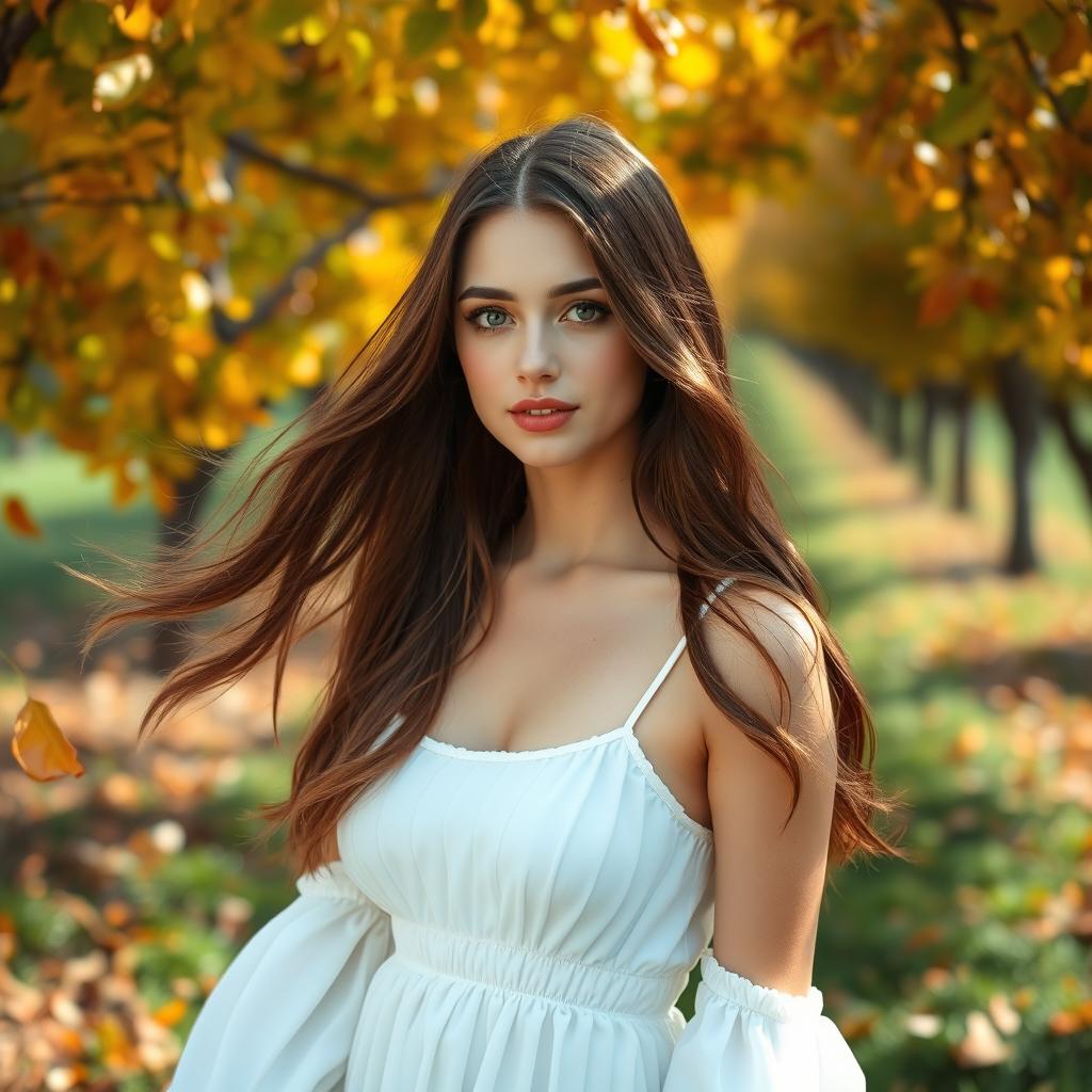 A serene portrait of a beautiful young woman with flowing chestnut hair, wearing an elegant white sundress