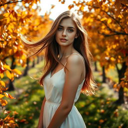 A serene portrait of a beautiful young woman with flowing chestnut hair, wearing an elegant white sundress