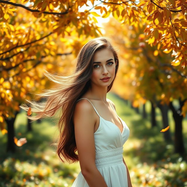 A serene portrait of a beautiful young woman with flowing chestnut hair, wearing an elegant white sundress