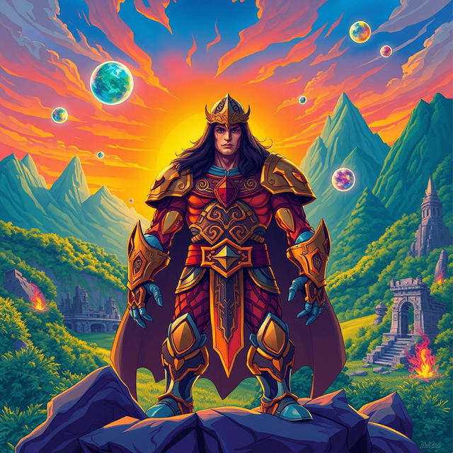 A vibrant and imaginative illustration inspired by the world of 'Masters of the Universe', featuring a heroic figure in a fantastical landscape