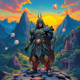 A vibrant and imaginative illustration inspired by the world of 'Masters of the Universe', featuring a heroic figure in a fantastical landscape