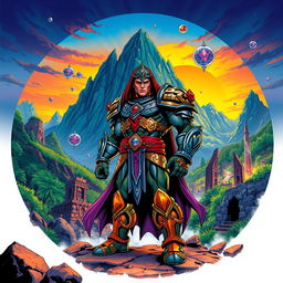 A vibrant and imaginative illustration inspired by the world of 'Masters of the Universe', featuring a heroic figure in a fantastical landscape