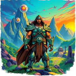 A vibrant and imaginative illustration inspired by the world of 'Masters of the Universe', featuring a heroic figure in a fantastical landscape