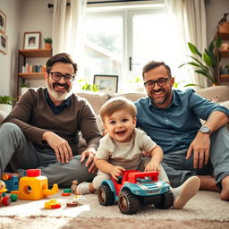 A heartwarming family scene depicting two loving fathers and their joyful son