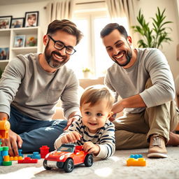 A heartwarming family scene depicting two loving fathers and their joyful son