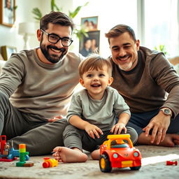 A heartwarming family scene depicting two loving fathers and their joyful son