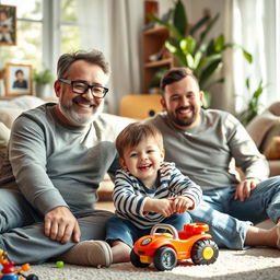 A heartwarming family scene depicting two loving fathers and their joyful son