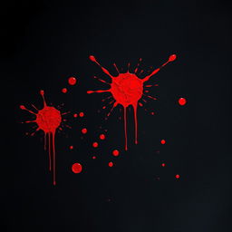 A dramatic scene featuring a textured black background with several splatters of bright red blood stains scattered artistically across the canvas