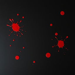 A dramatic scene featuring a textured black background with several splatters of bright red blood stains scattered artistically across the canvas