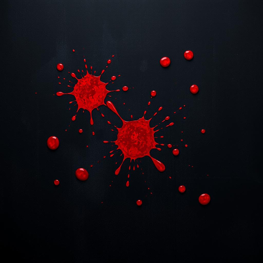 A dramatic scene featuring a textured black background with several splatters of bright red blood stains scattered artistically across the canvas