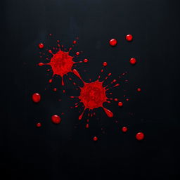 A dramatic scene featuring a textured black background with several splatters of bright red blood stains scattered artistically across the canvas