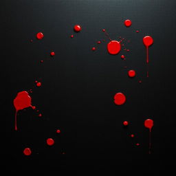 A dramatic scene featuring a textured black background with several splatters of bright red blood stains scattered artistically across the canvas