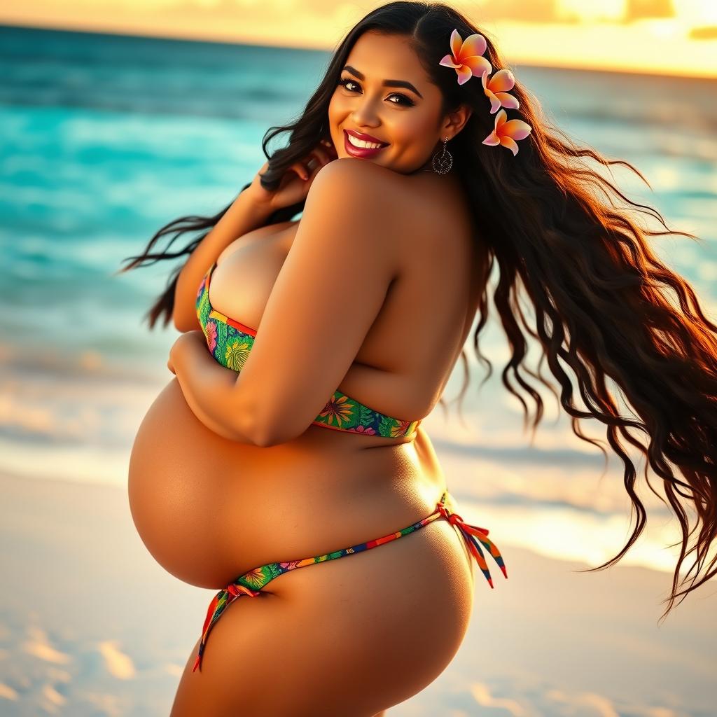 A stunning Tahitian woman with a curvy figure, featuring voluptuous breasts and a large, shapely butt