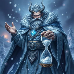 A dramatic and powerful portrayal of Morozan, the Guardian of the Snow Depths, depicted as a formidable figure embodying the essence of winter