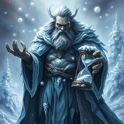 A dramatic and powerful portrayal of Morozan, the Guardian of the Snow Depths, depicted as a formidable figure embodying the essence of winter