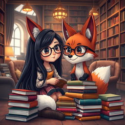 A charming scene featuring a whimsical fox sitting next to a girl with beautiful, long black hair wearing stylish glasses