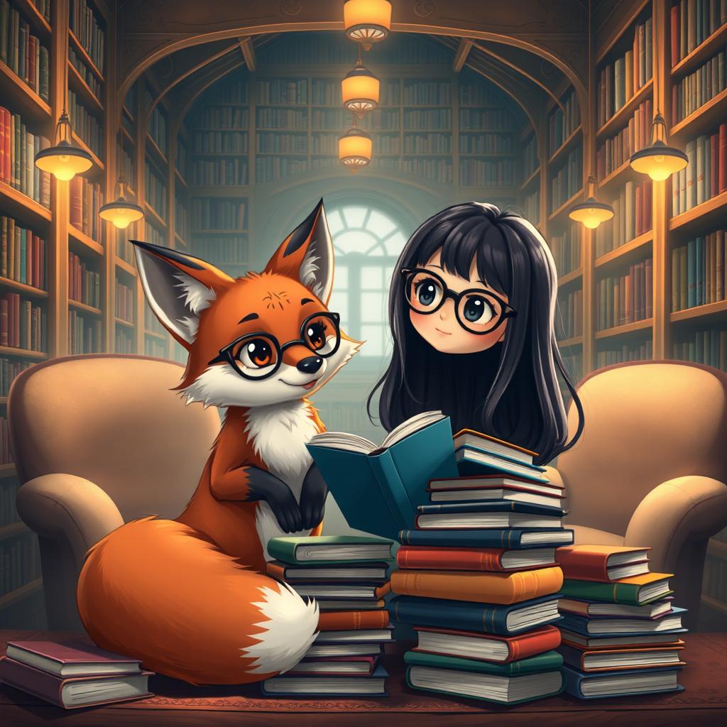 A charming scene featuring a whimsical fox sitting next to a girl with beautiful, long black hair wearing stylish glasses