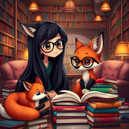 A charming scene featuring a whimsical fox sitting next to a girl with beautiful, long black hair wearing stylish glasses