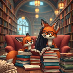 A charming scene featuring a whimsical fox sitting next to a girl with beautiful, long black hair wearing stylish glasses