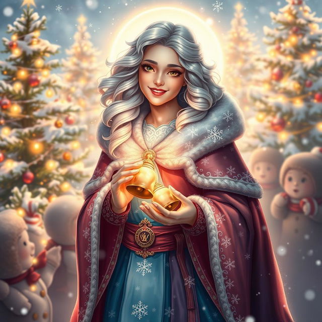 A vibrant and enchanting portrayal of Snezhana, the Goddess of Joy and Celebration, depicted in a festive and magical winter landscape