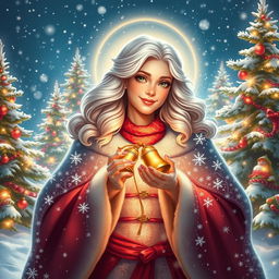 A vibrant and enchanting portrayal of Snezhana, the Goddess of Joy and Celebration, depicted in a festive and magical winter landscape