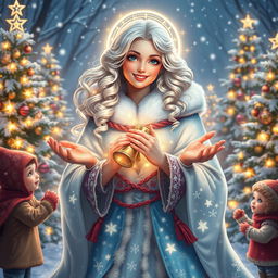 A vibrant and enchanting portrayal of Snezhana, the Goddess of Joy and Celebration, depicted in a festive and magical winter landscape