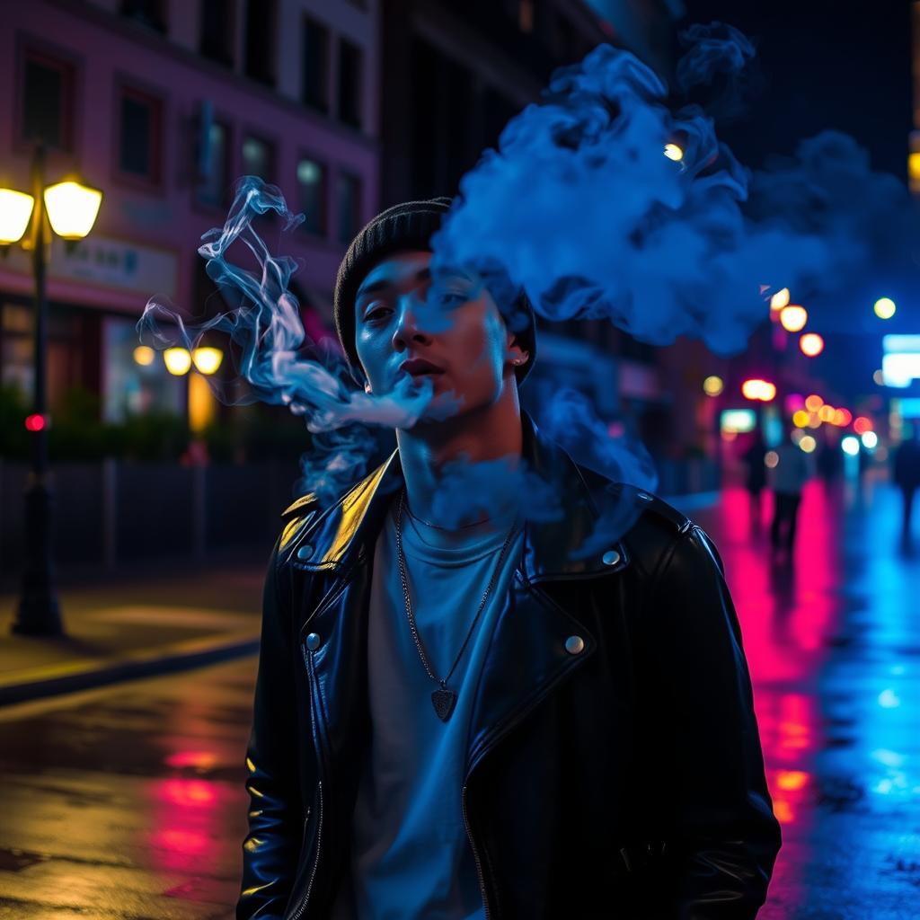 A stylish individual exhaling smoke in an urban setting at night