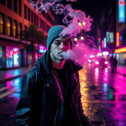 A stylish individual exhaling smoke in an urban setting at night