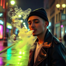 A stylish individual exhaling smoke in an urban setting at night
