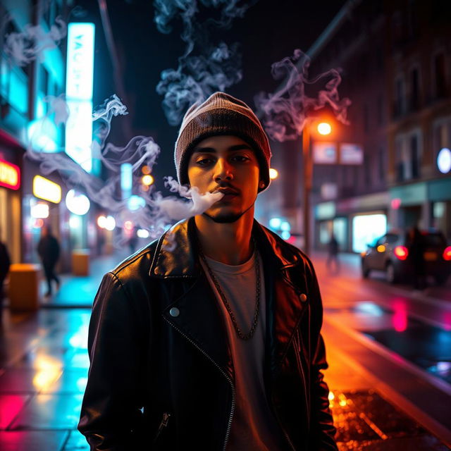 A stylish individual exhaling smoke in an urban setting at night