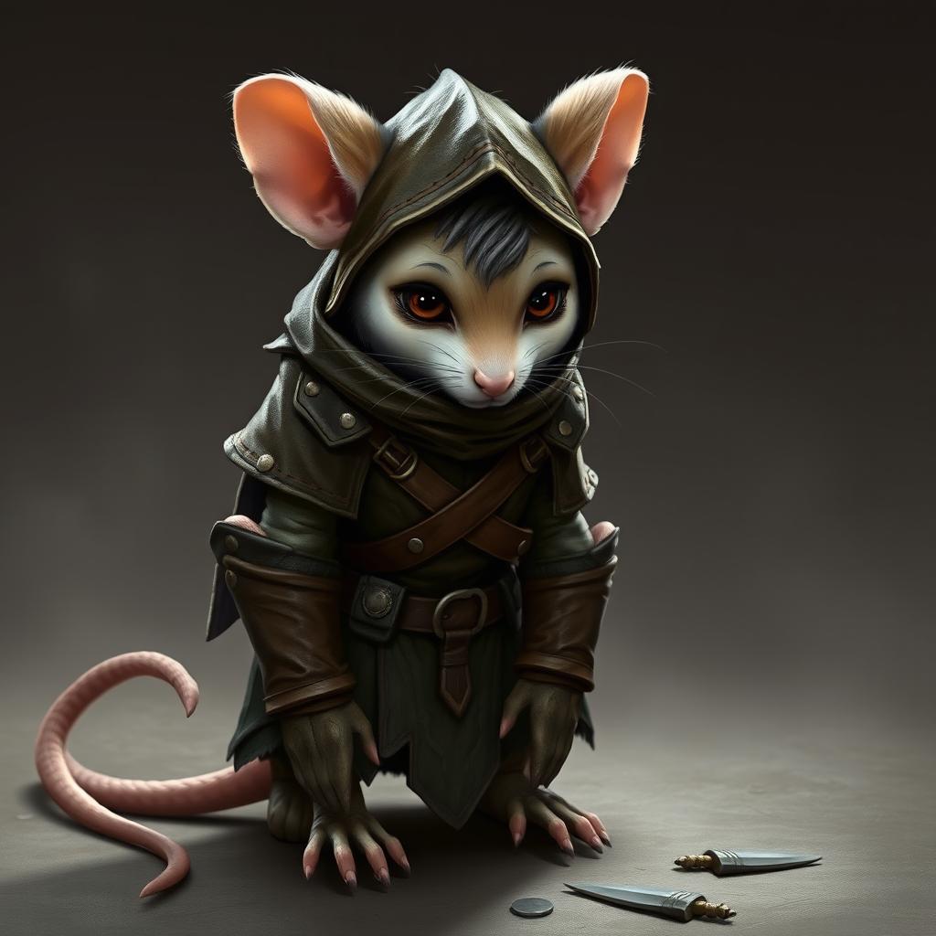 A humanoid mouse character in leather armor and clothing inspired by the world of Dungeons and Dragons